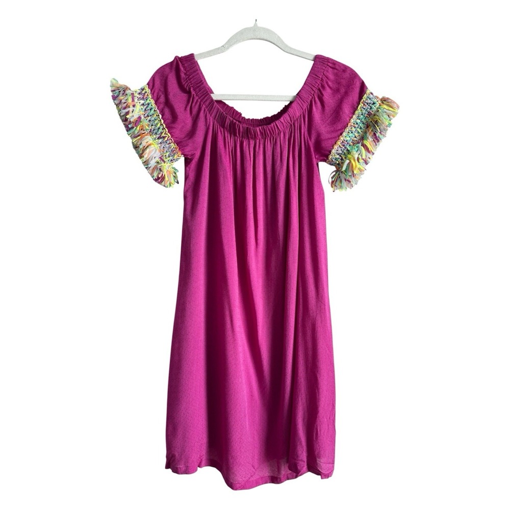 Buckley K Tala Off Shoulder Short Dress Pink Fun Fringe Trim Vacation Womens S‎